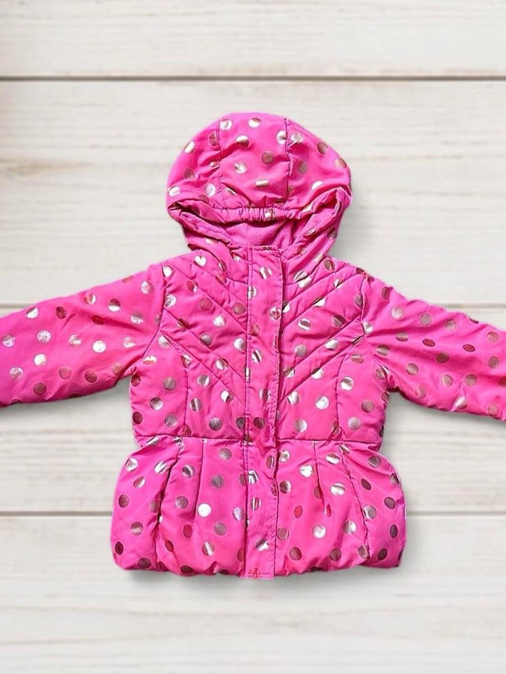 Girls 3T Barbie Hot Pink Gold Polka Dot Fleece Lined Puffer Jacket Winter Coat